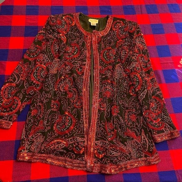 Neiman Marcus Vtg Cocktail Black Red Gold Sequin Beaded Jacket Size Large - Picture 8 of 13
